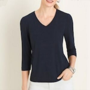 Chico's The Ultimate Tee Black Stretch Rayon Knit V-Neck 3/4 Sleeve Women's L 16